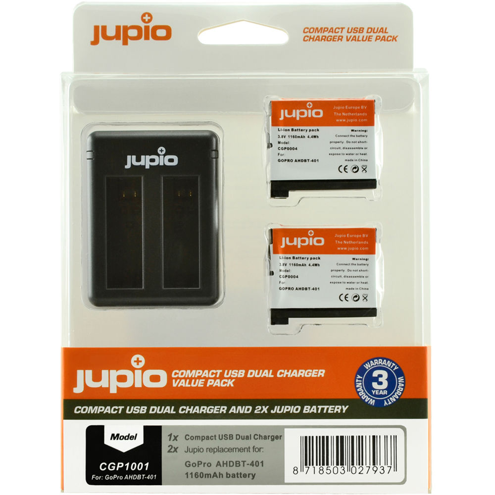 Baterías Jupio 2 x Ion de Litio para GoPro HERO4 y Cargador Doble Compacto - Reemplazos para Batería