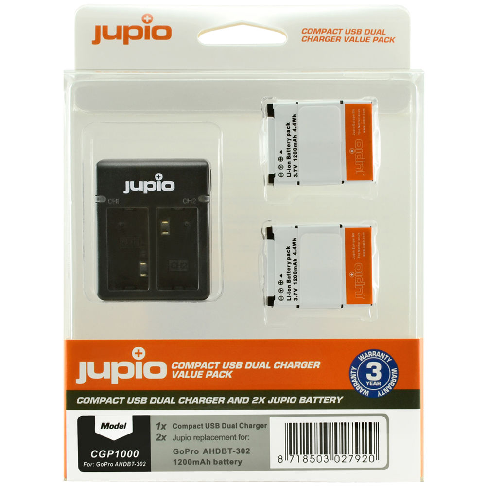 Baterías Jupio 2 x Litio-Ion para GoPro HERO3/HERO3+ con Cargador Doble Compacto - Reemplazos AHDBT-