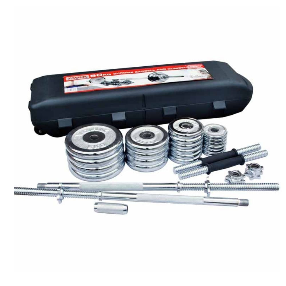 Mancuernas York 50 kg Cromadas con barra de 150cm