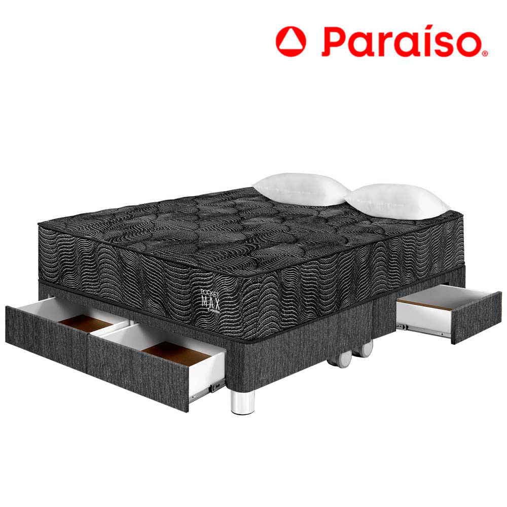 Cama PARAISO Pocket Max Black C/Cajones King + 2 Almohadas + Protector