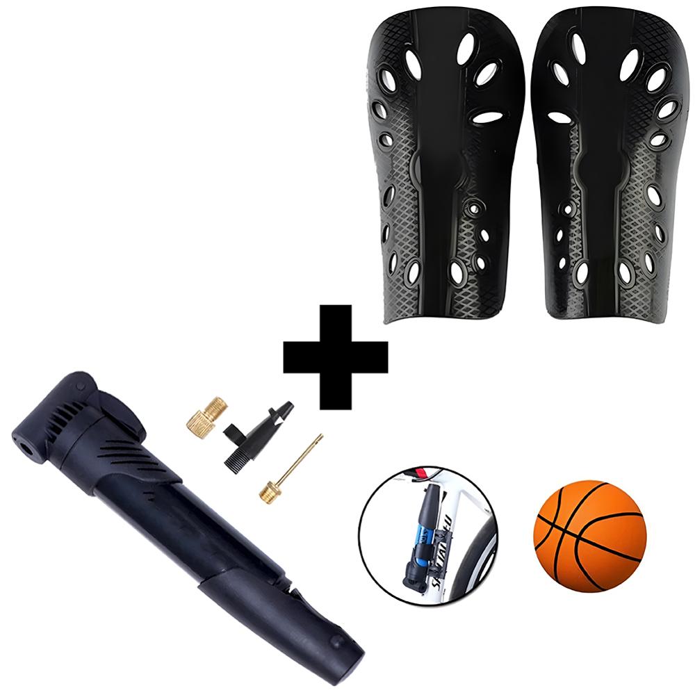 Combo Canilleras de protección fútbol Adulto + Inflador Bicicleta Negro