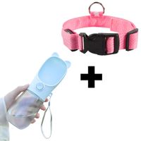 Combo bebedero dispensador de agua azul + correa para perro rosado