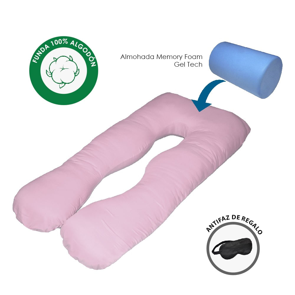 Almohada Embarazo Lactancia Memory Foam Gel Rosado y Regalo Antifaz  Teraflex