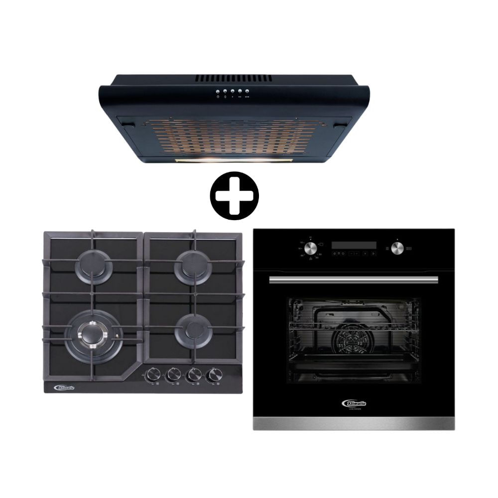 COMBO Klimatic: Cocina Empotrable Aleesia 4 Hornillas a Gas Negro + Campana IWH101NE/M 60cm + Horno empotrable a gas Bonn