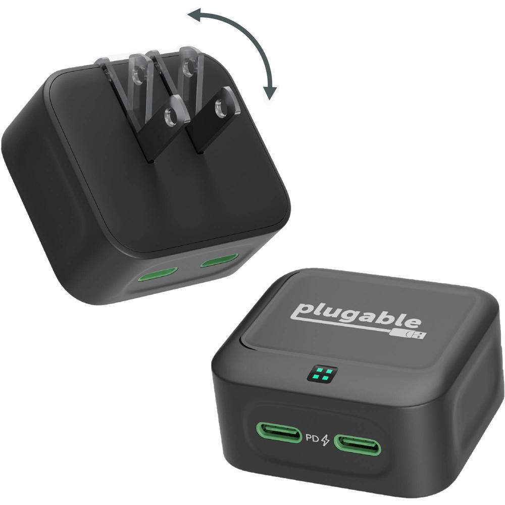 Cargador de Pared Dual USB-C Plugable 40W (Negro) - Carga Simultánea, 2 Puertos, Protección Integrad