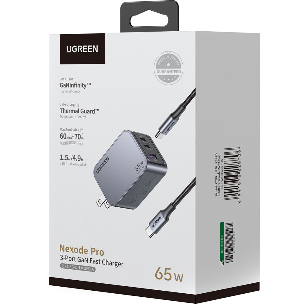 Cargador UGREEN Nexode Pro 65W con 3 Puertos USB-C/USB-A, Protección Térmica y Compatible con PPS/PP