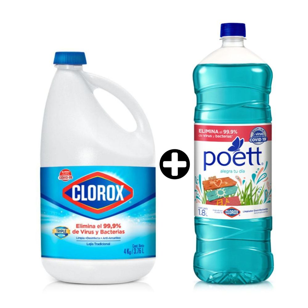 COMBO Lejía Clorox Tradicional 1 galón + Limpiador Poett Alegra tu día 1.8 litros