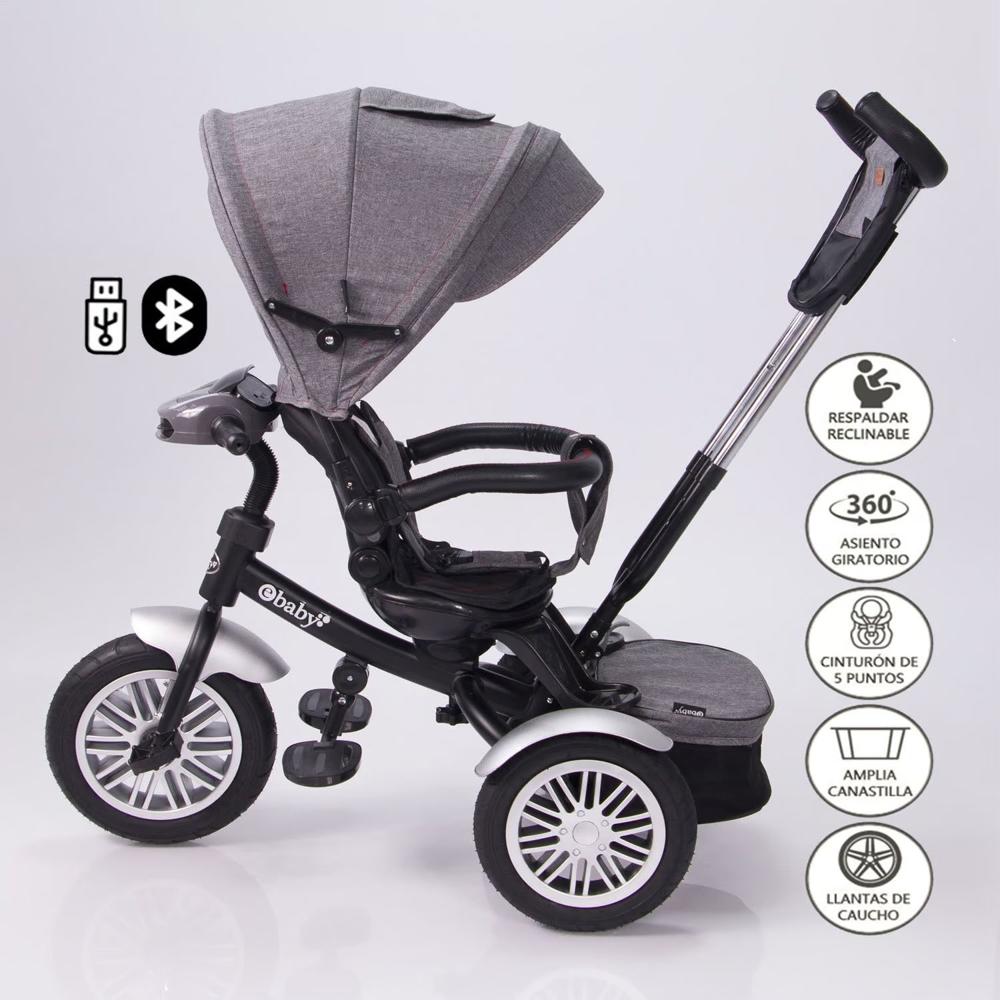 Triciclo Guiador Ebaby ""ZOE"" USB 360 Gris