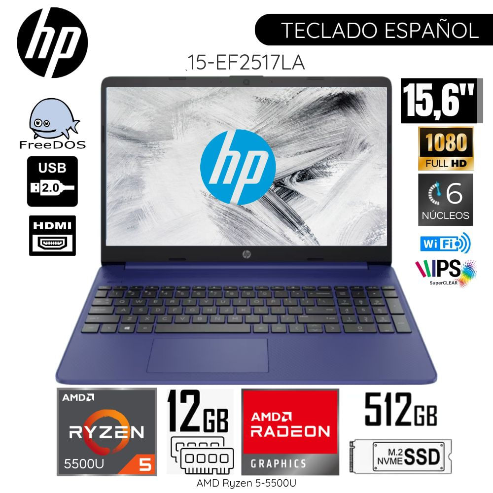 Laptop HP 15-EF2517LA AMD Ryzen5 5500U 12GB RAM 512GB SSD 15.6"" FHD (7H9U4LA#ABM)