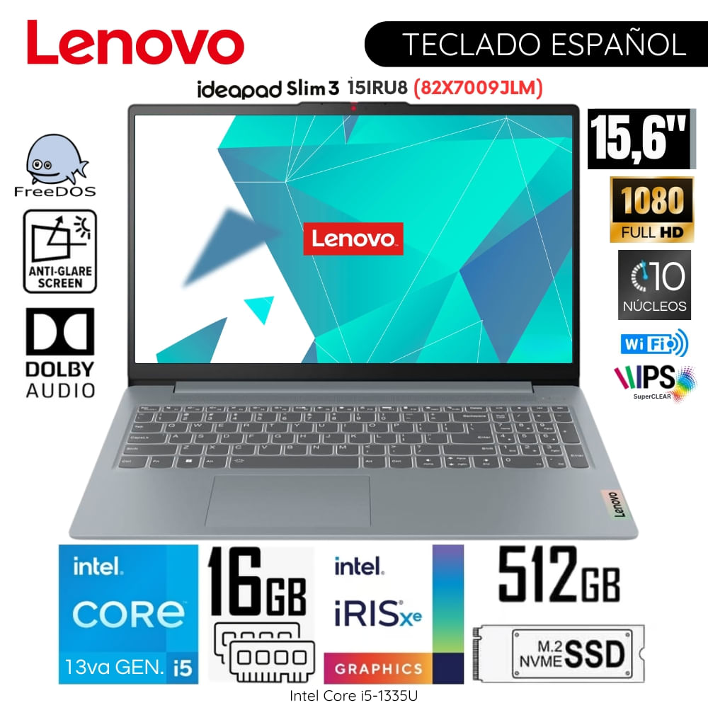 Laptop Lenovo Ideapad Slim 3 15IRU8 Intel Core i5-1335U 16GB RAM 512GB SSD 15.6"" FHD - 82X7009JLM