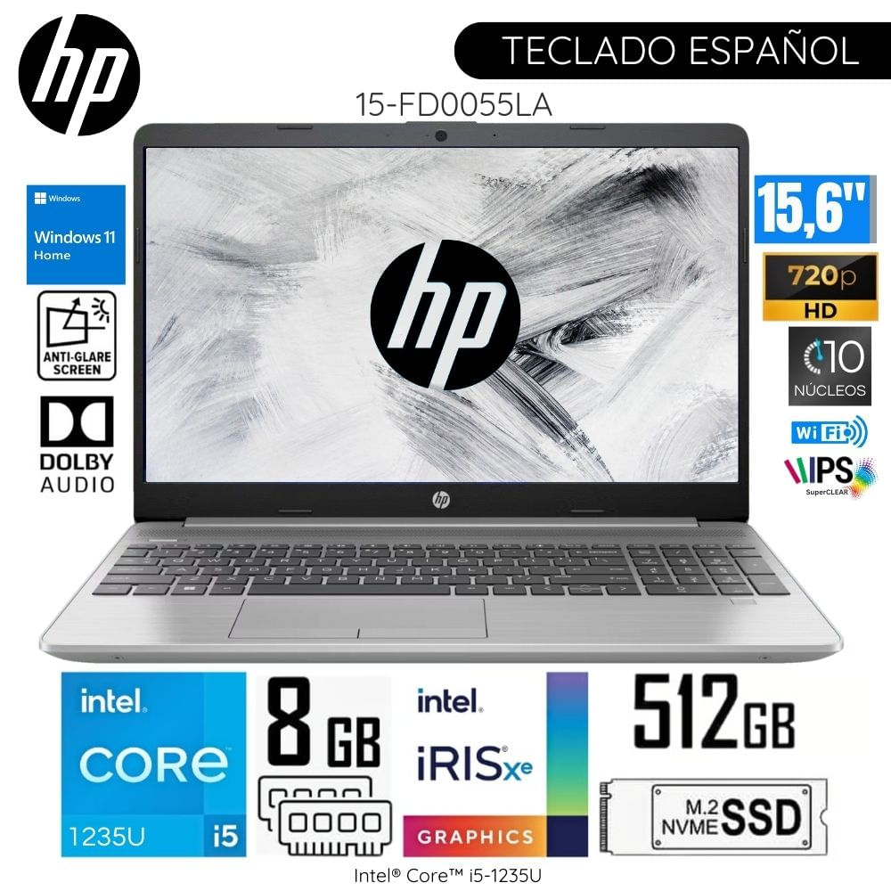 Laptop HP 15-FD0055LA Intel Corei5-1235U 8GB RAM 512GB SSD 15.6"" HD WIN11 - Plateado