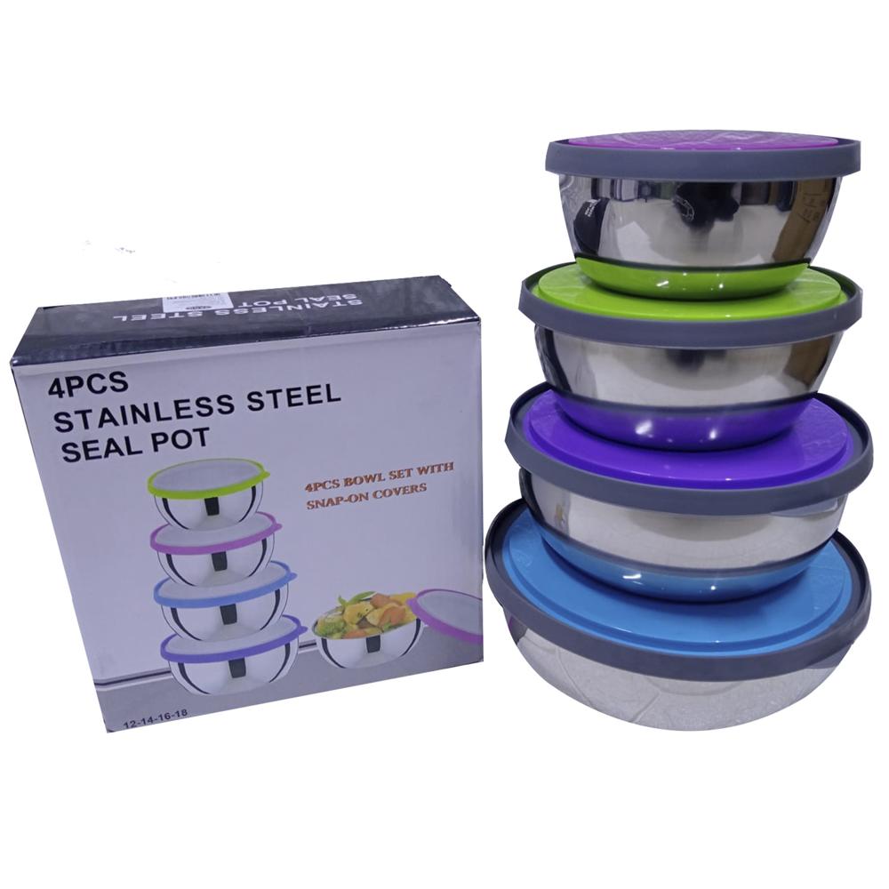 Juego de 4 Bowls o Tazones de Acero con tapa de colores 12,14,16 y18cm