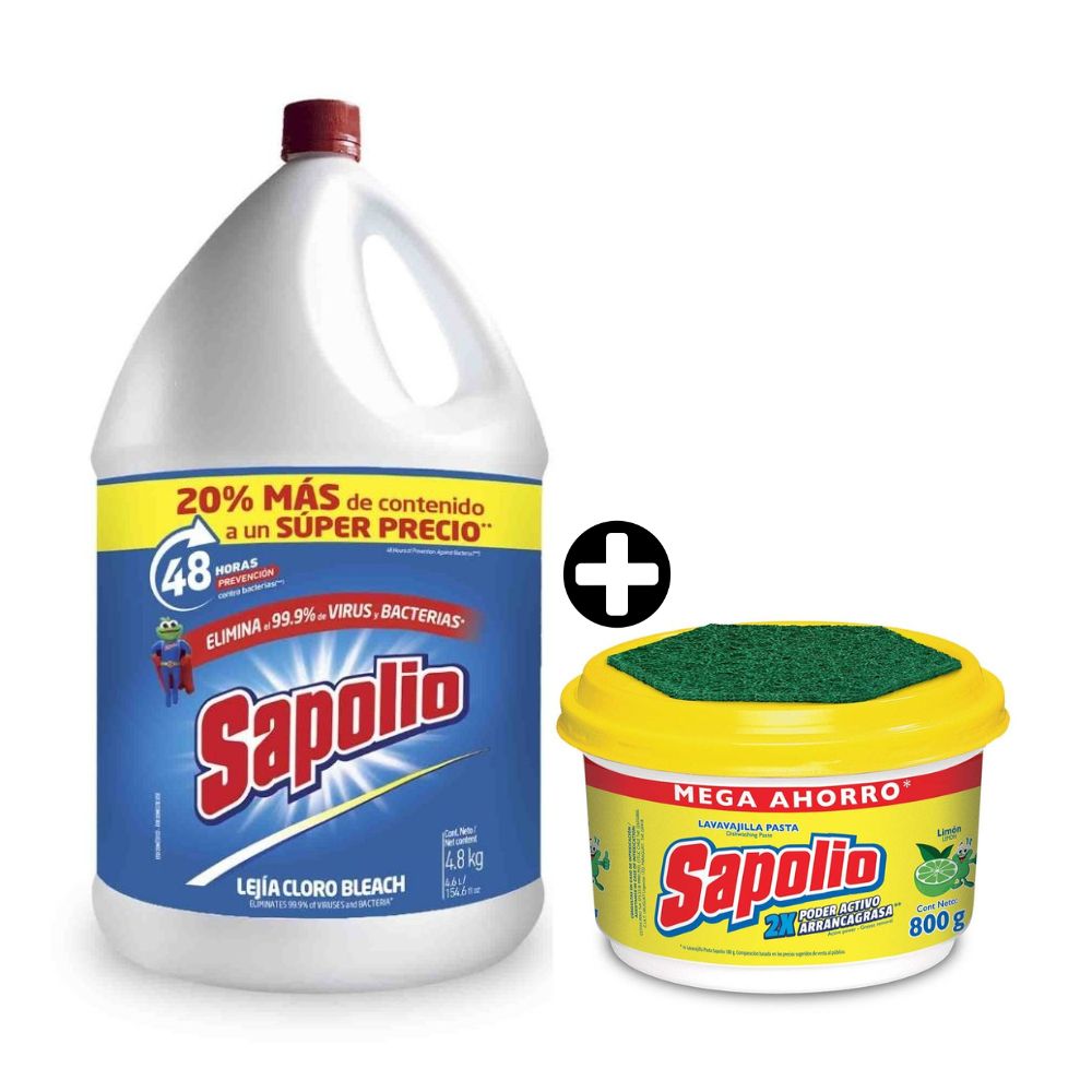 COMBO Lejía Sapolio Original 4.8kg + Lavavajilla en pasta Sapolio Limón 800gr
