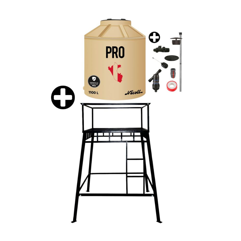 COMBO Tanque de agua Arena Pro 1100 litros + Kit de Accesorios + Base metálica armable para tanque 500-1350 litros