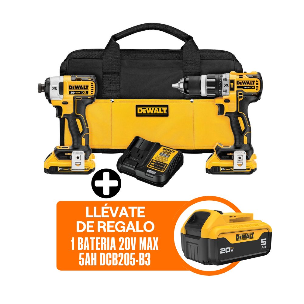 Combo Dewalt Inalámbrico DCK287D2-K13: Taladro Percutor DCD796 + Atornillador de Impacto + Bateria 5.0Ah + Cargador