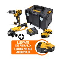 Combo Dewalt Inalámbrico DCK209P2T-K8: Taladro Percutor 20v + Esmeril Angular 20v + 2 Baterias 5.0Ah + Cargador + Regalo: 1 Batería 5.0Ah