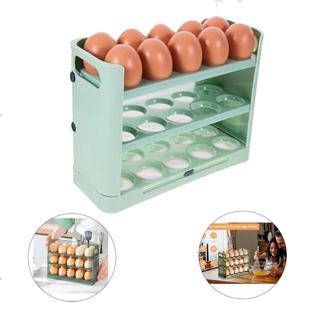Organizador de huevos, 3 niveles con capacidad para 30 unidades -Verde