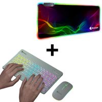 Combo Kit Teclado y Mouse Luces RGB Blanco + Mousepad Gamer DREIZT Diseño DESTELLOS XL 80cm x 30cm