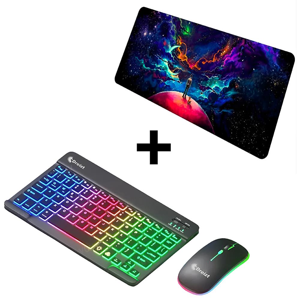 Combo Kit Teclado y Mouse Luces RGB Inalámbrico Negro + Mousepad Gamer Galaxia XL 80cm x 30cm
