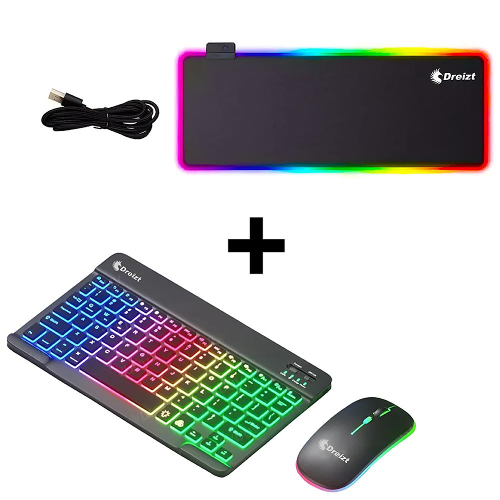 Combo Kit Teclado y Mouse Luces RGB Inalámbrico Negro + Mousepad Gamer RGB Multicolor XL 80cm x 30cm