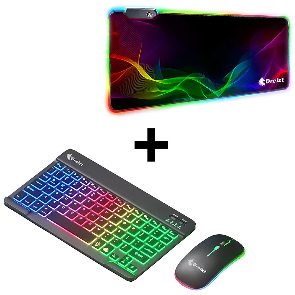 Combo Kit Teclado y Mouse Luces RGB Inalámbrico Negro + Mousepad Gamer DESTELLOS XL 80cm x 30cm