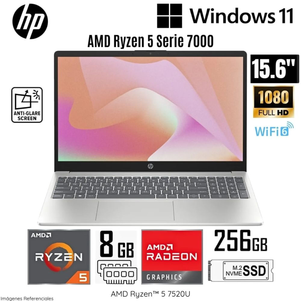 Laptop HP 15-FC0009LA AMD Ryzen 5-7520U 8GB RAM 256GB SSD 15.6"" FHD WIN 11 - Silver