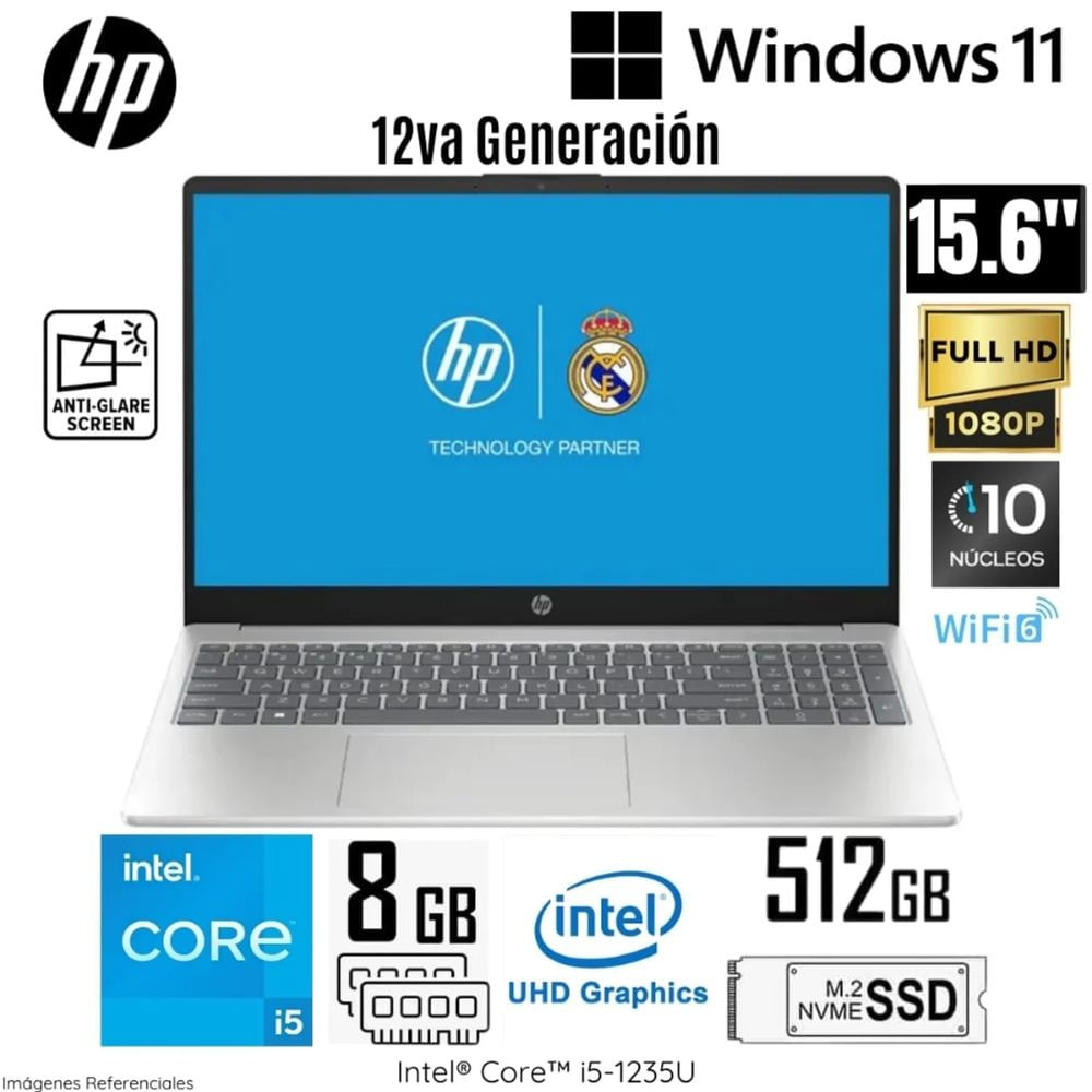 Laptop HP 15-FD0055LA Intel Core i5-1235U 8GB RAM 512GB SSD 15.6"" FHD WIN 11 - Plateado Natural