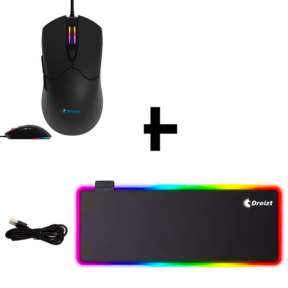 Mouse Gamer Dreizt RGB Mate GR270037 12,800 dpi Negro + Mousepad Gamer RGB Multicolor XL 80cm x 30cm