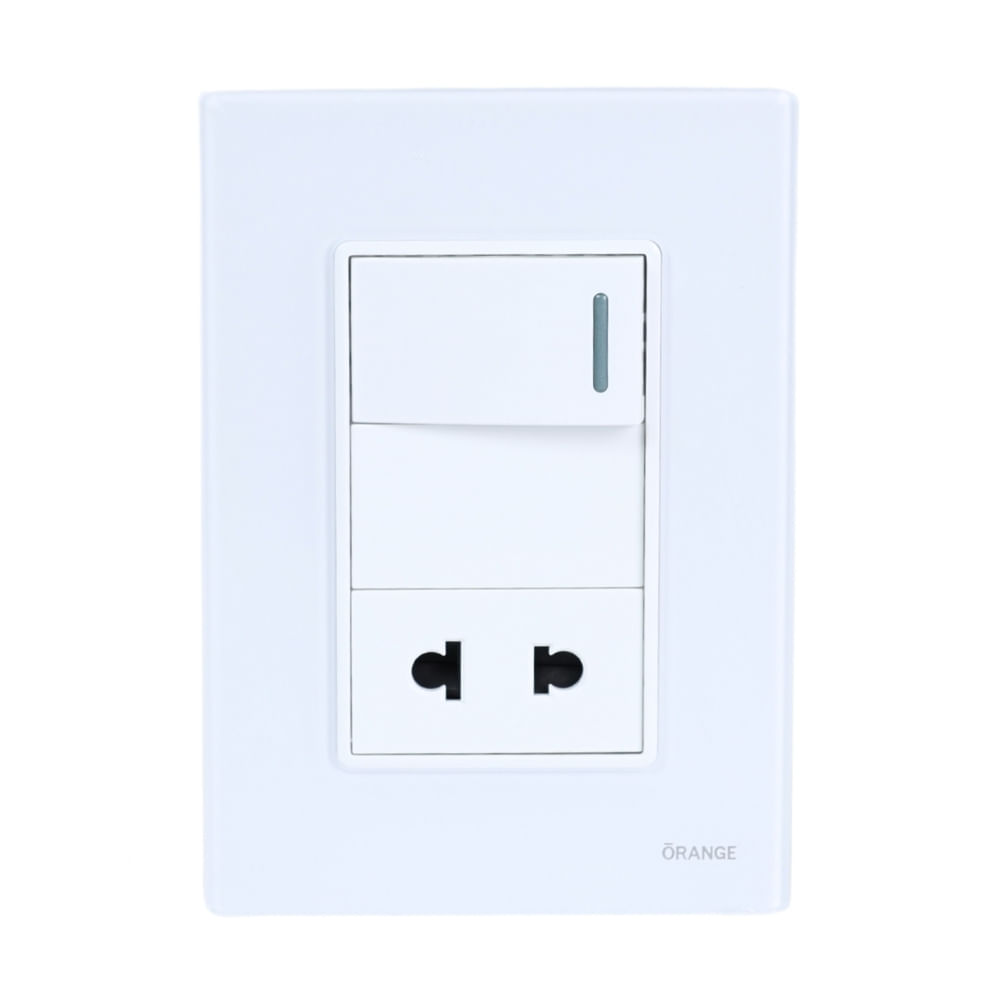 Placa Armada Orange: Interruptor + Tomacorriente Vitro Blanco