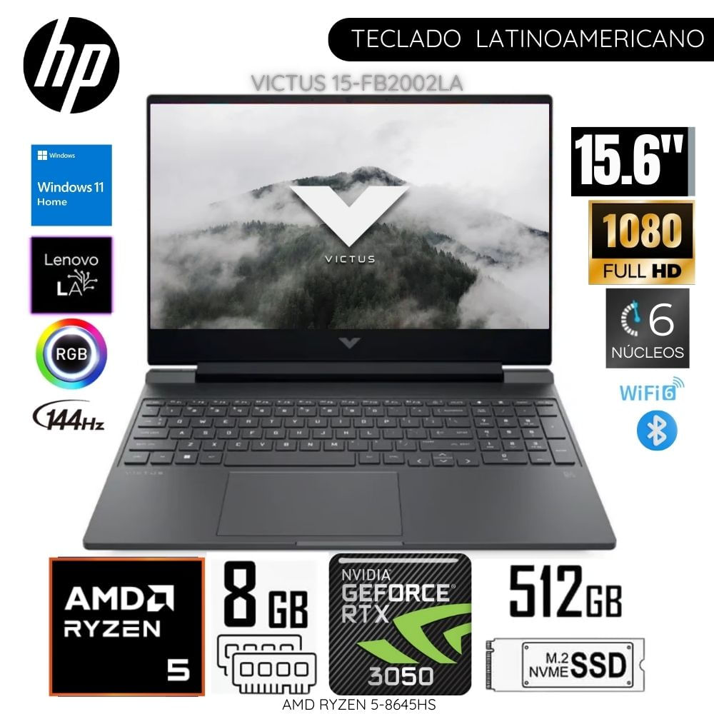 Laptop HP Victus 15-FB2002LA AMD Ryzen5-8645HS 8GB RAM 512GB SSD 15.6"" FHD RTX3050-6GB WIN11 - Plata