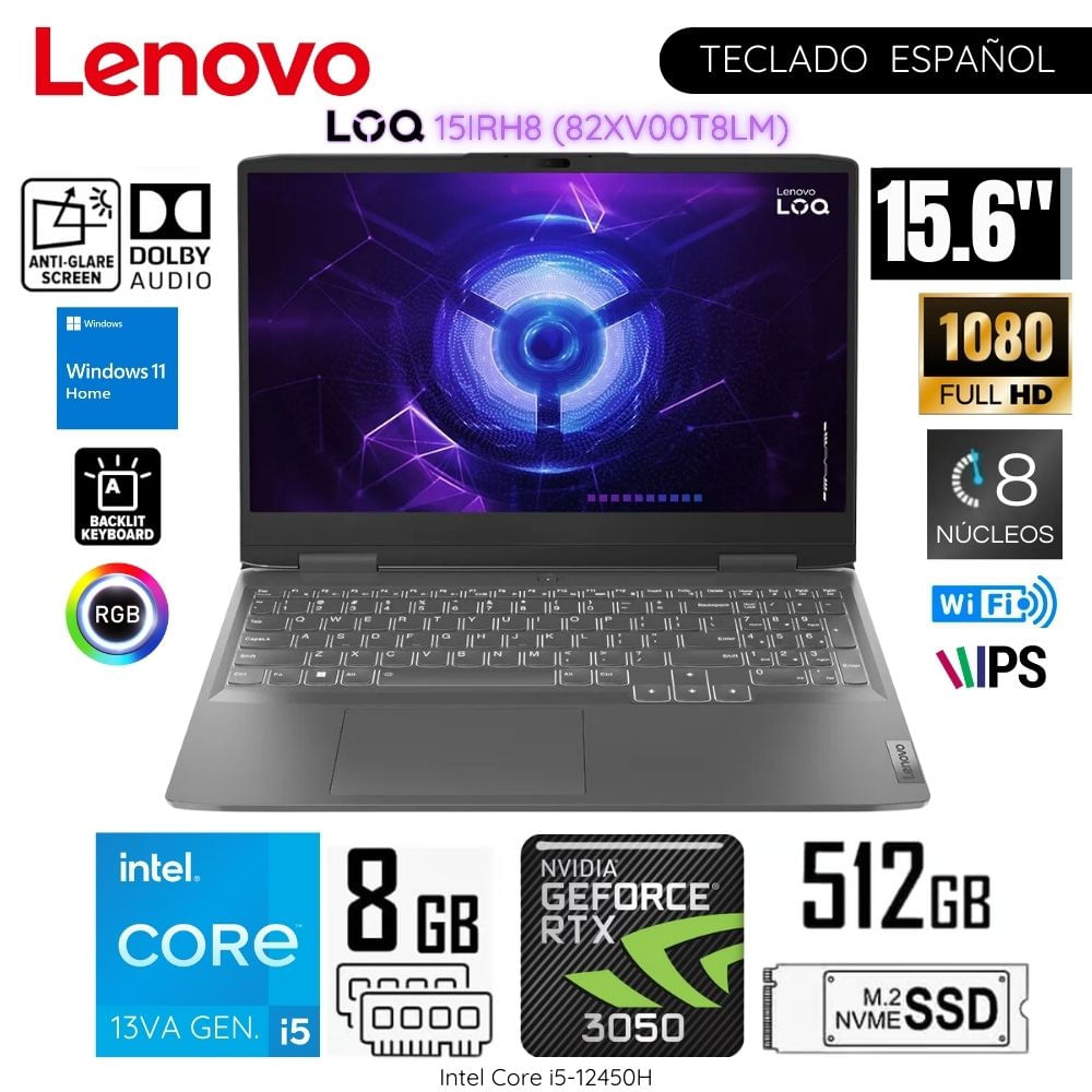 Laptop Gamer Lenovo LOQ 15IRH8 Intel Core i5 12450H 8GB RAM 512GB SSD RTX3050 15.6"" FHD 82XV00T8LM