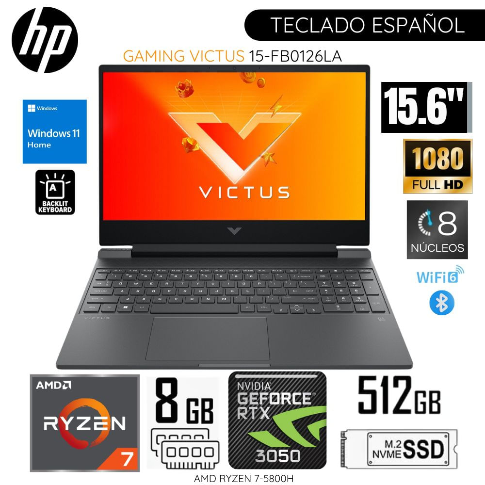Laptop HP Victus Gaming 15-FB0126LA AMD Ryzen7-5800H 15.6"" 8GB RAM 512GB SSD RTX3050-4GB