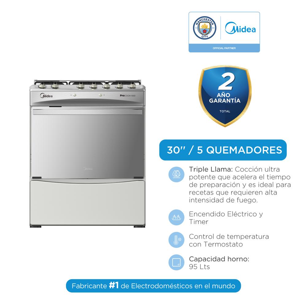 Cocina a Gas ProCook Midea 30"" 5 Quemadores Acero Inoxidable con Puerta Espejo