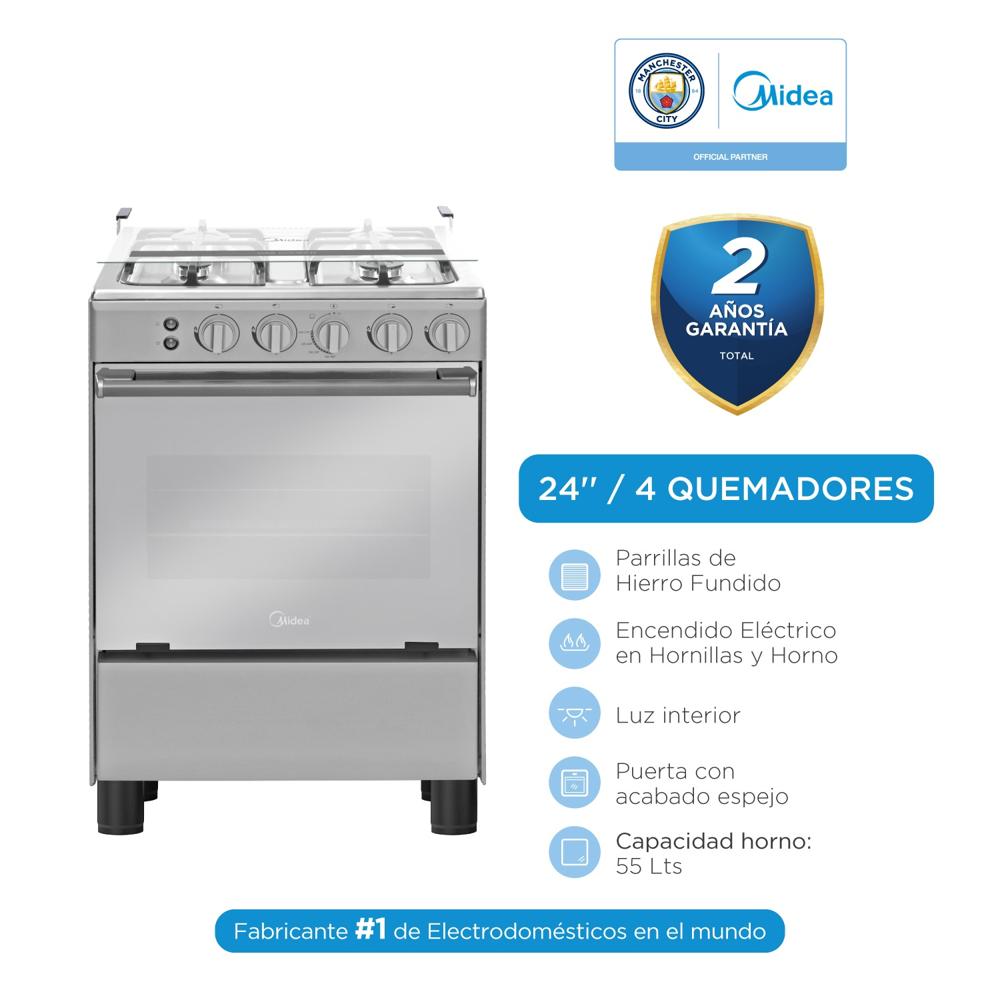 Cocina a Gas Midea 24'' 4 Quemadores Puerta Espejo Silver