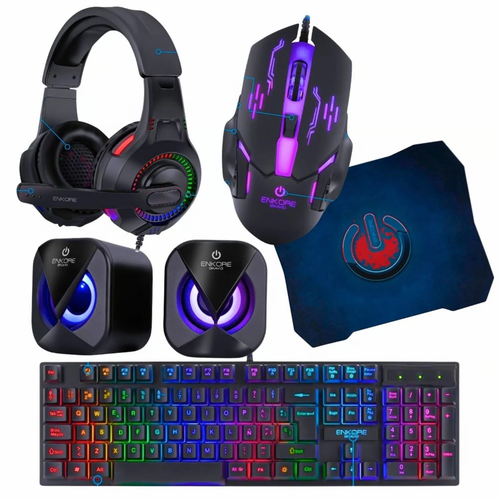Combo 5 en 1 teclado, audifono, parlante, mouse y pad enkore bravio