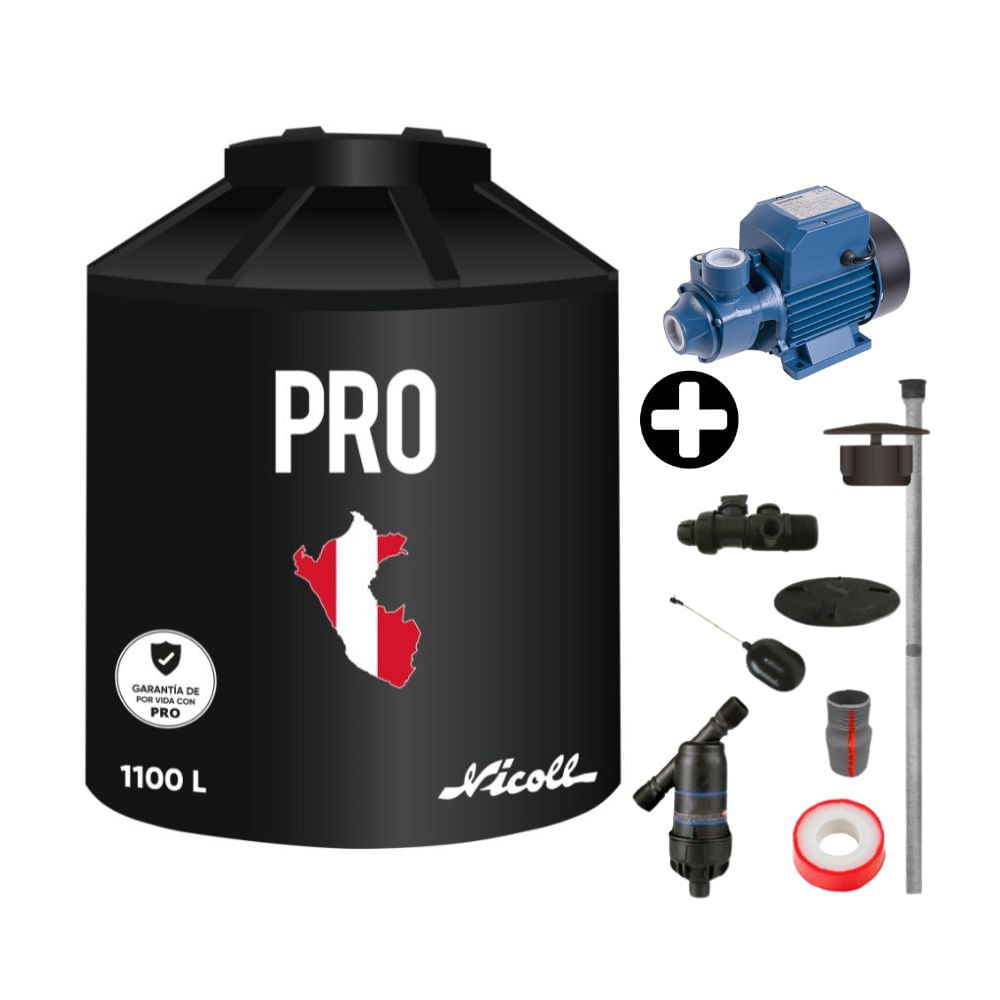 COMBO Tanque de agua Pro 1100 litros Negro + Kit de Accesorios + Electrobomba Periférica Werken 0.5 HP 32L/min Aluminio