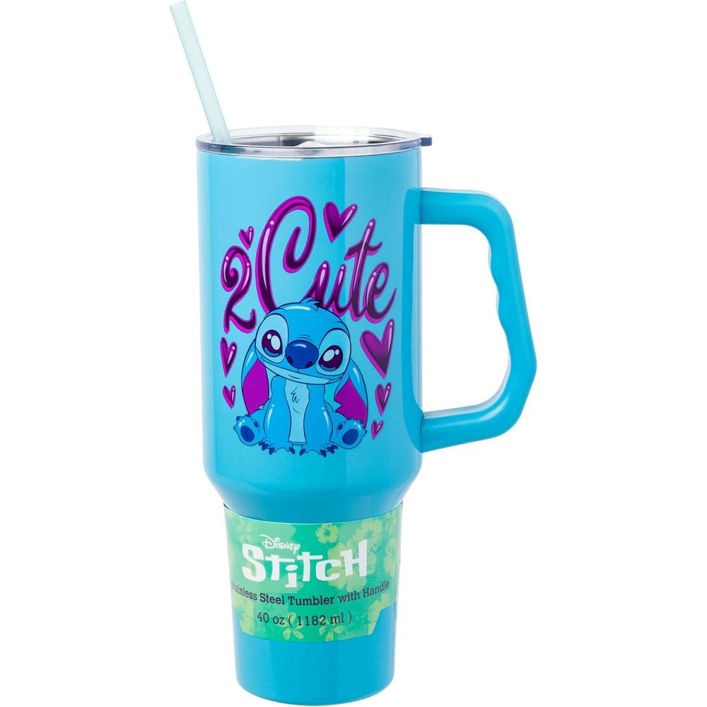 Lilo & Stitch | Vaso de acero inóxidable con asa y pajita de 40 OZ | Turquesa