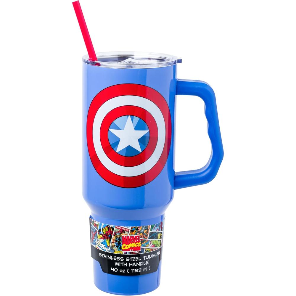 Disney | Vaso de acero inóxidable con asa y pajita de 40 OZ | Captain America