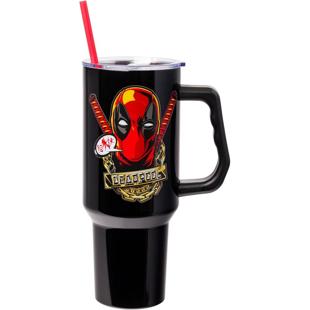 Marvel | Vaso de acero inóxidable con asa y pajita de 40 OZ | Deadpool