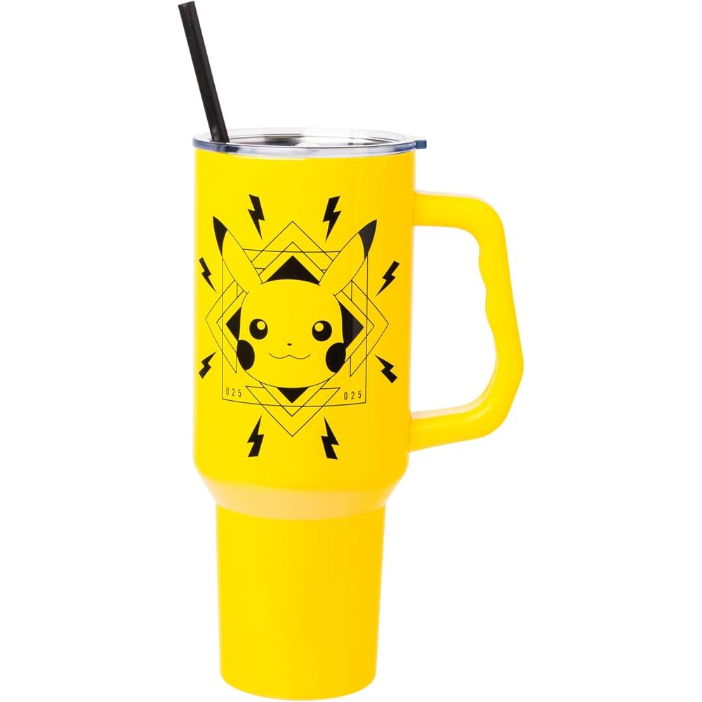Pokemon | Vaso de acero inóxidable con asa y pajita de 40 OZ | Pikachu Yellow