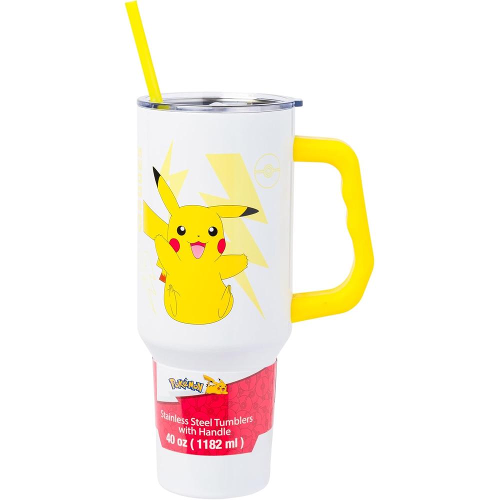 Pokemon | Vaso de acero inóxidable con asa y pajita de 40 OZ | Pikachu Yellow White