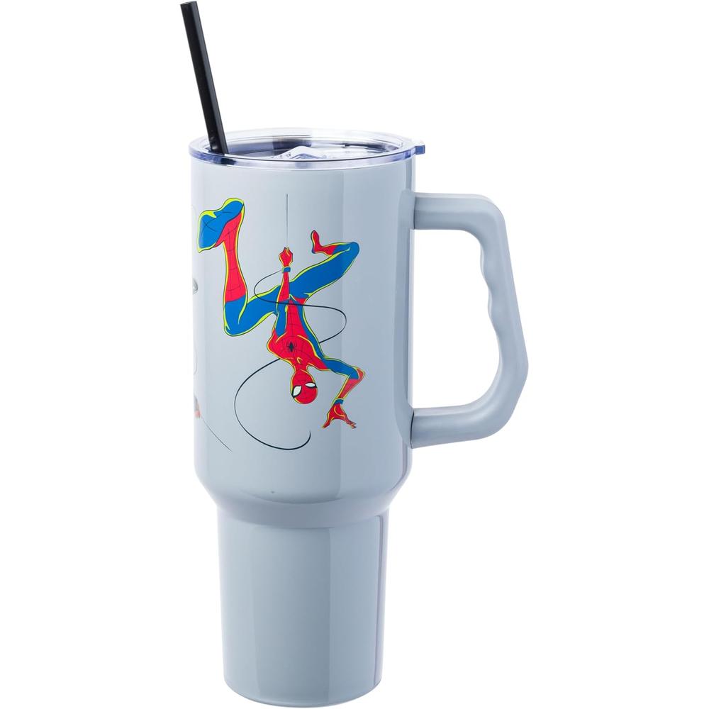 Marvel | Vaso de acero inóxidable con asa y pajita de 40 OZ | Spiderman Gris