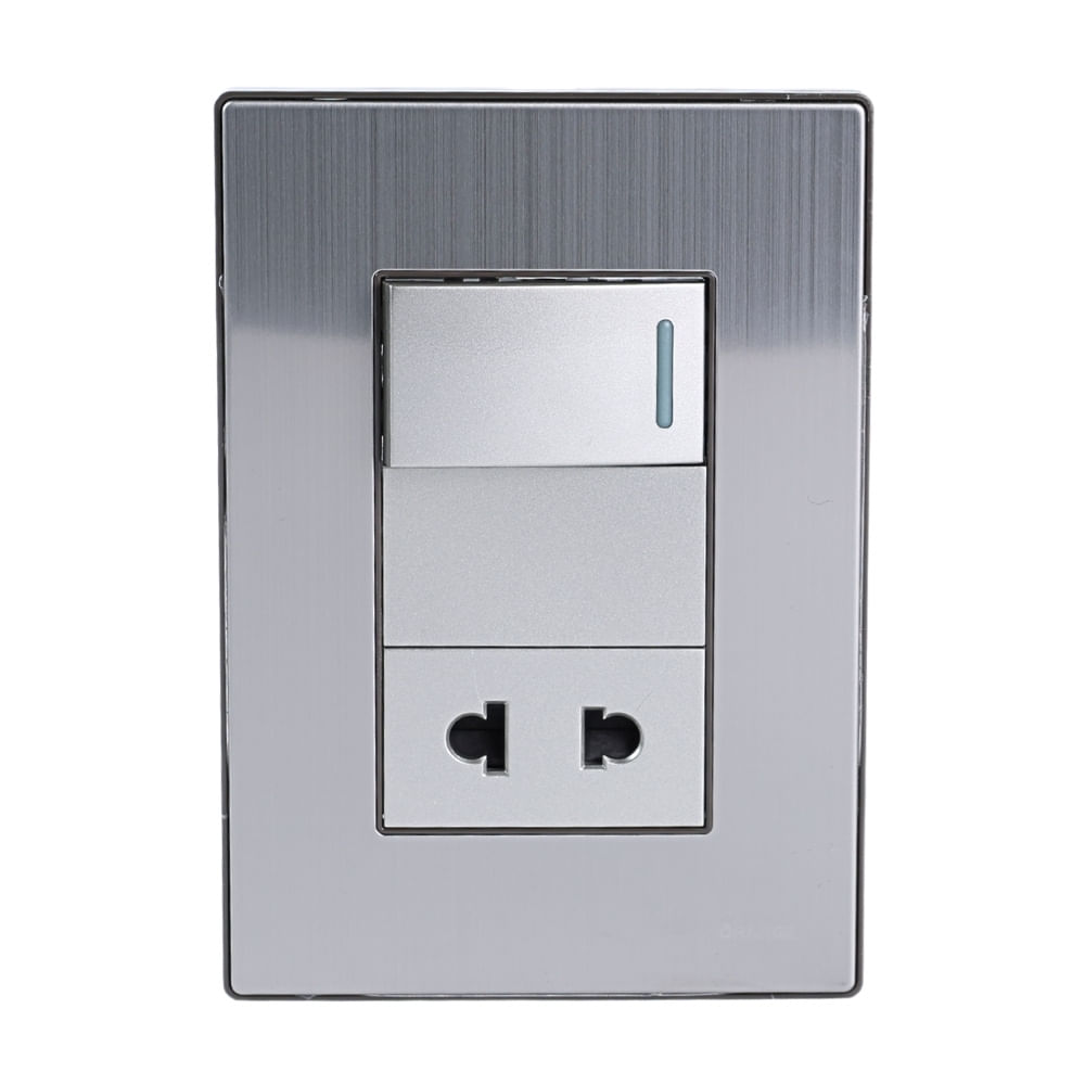 Placa Armada Orange: Interruptor + Tomacorriente Acero Inoxidable