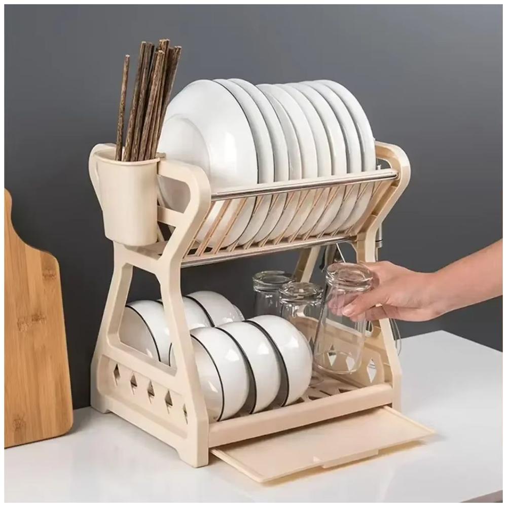 Escurridor de Platos Vajilla 2 Niveles con Soporte para Cubiertos y Bandeja de Goteo Crema