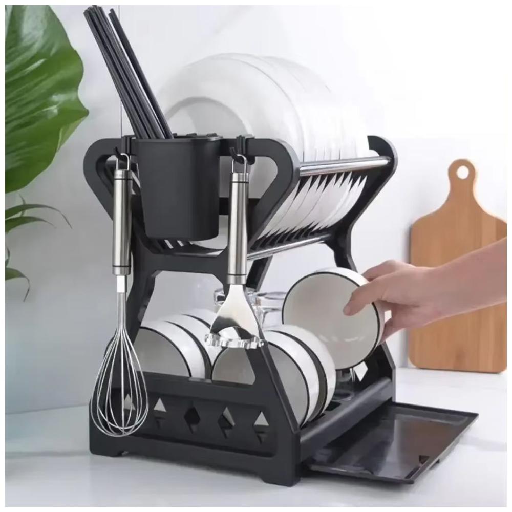 Escurridor de Platos Vajilla 2 Niveles con Soporte para Cubiertos y Bandeja de Goteo Negro