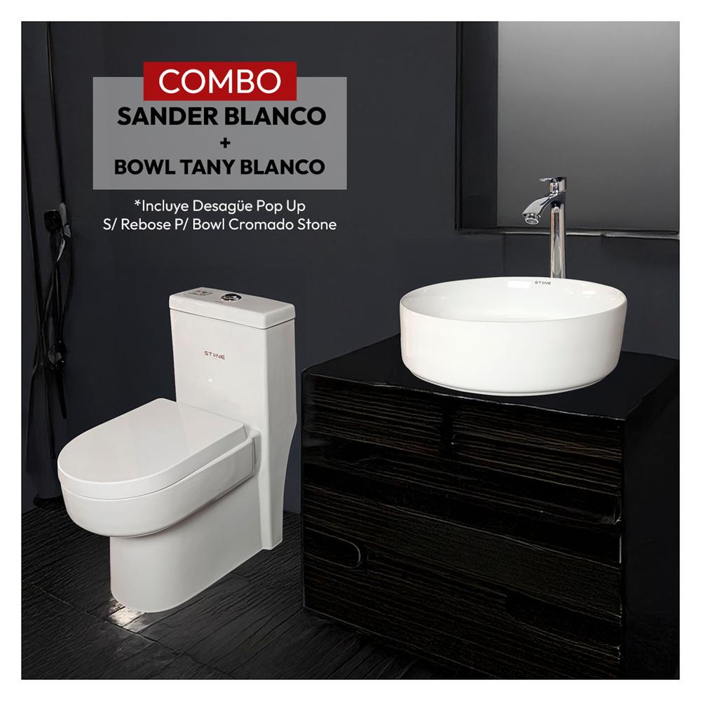 Combo Sander Blanco + Bowl Tany Blanco + Desagüe Pop Up S/Rebose P/Bowl Cromado  -  Stone