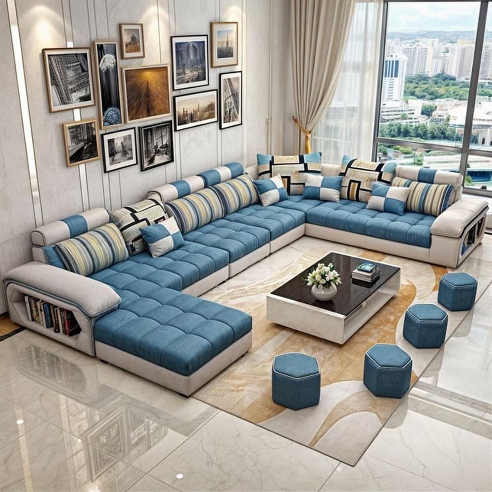 Sofá Modular Agrigento 6 piezas + Puff - Gris y Azul