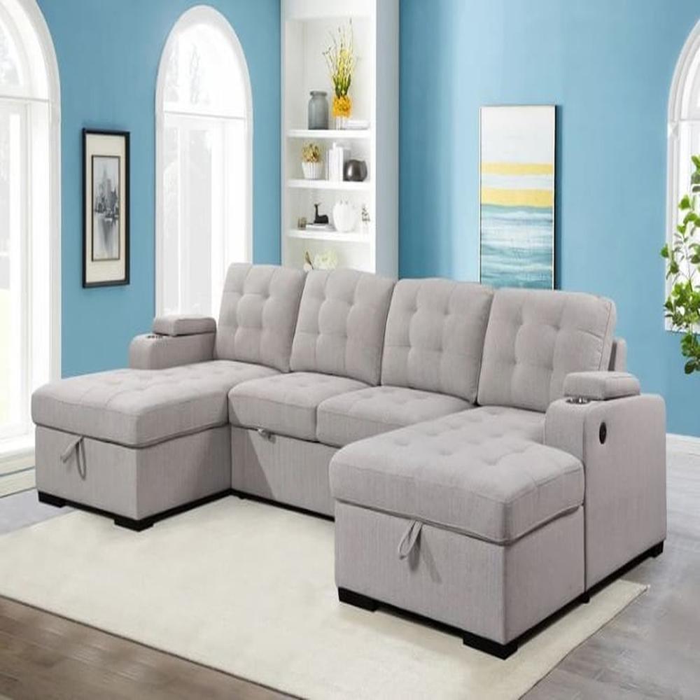 Sofá Seccional Cama Marisol + Portavasos + Baúl 4 Cuerpos - Beige