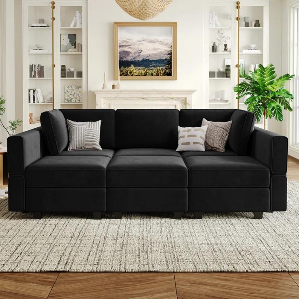 Sofá Acolchado Lexy 3 + 1 + 1 + Puff Baul - Negro