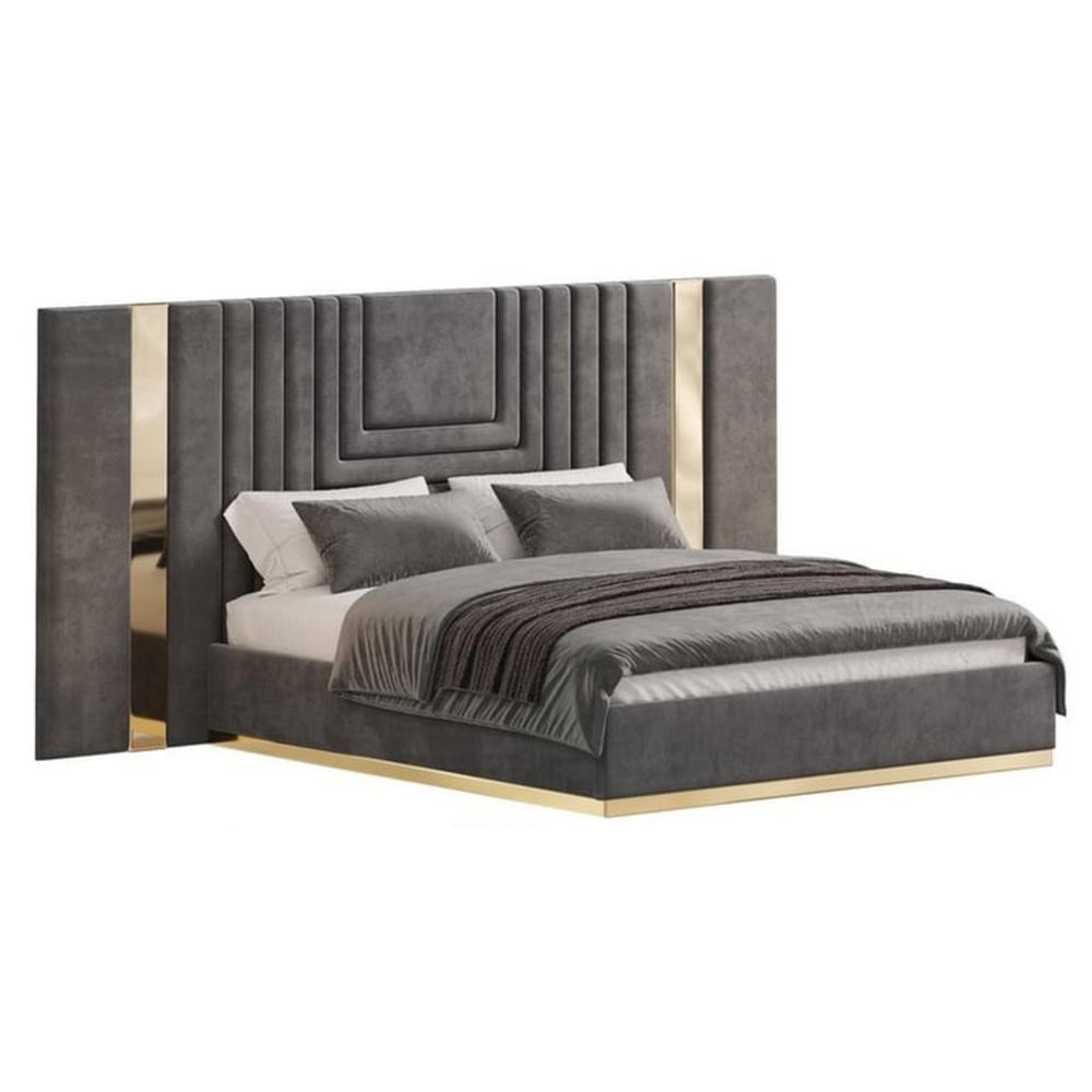 Cama Tapizada Madlen Queen - Gris y Dorado
